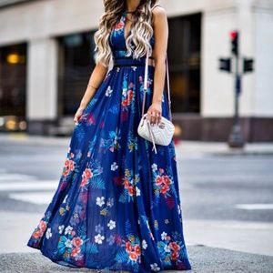 Floral Print Strappy Cut-Out Plunge Maxi Dress